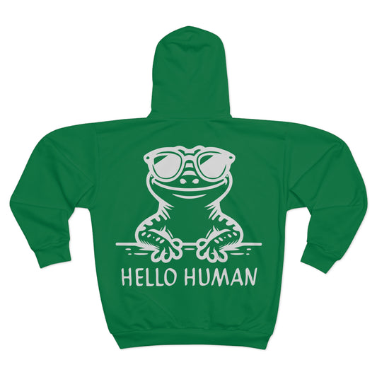 "Hello Human 2" by Electric Lizard - Unisex Zip Hoodie